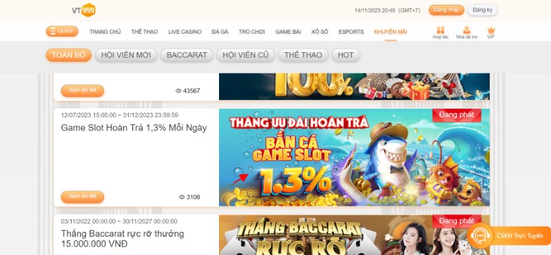 Khuyến mãi VT999 cực hấp dẫn với giá trị lớn cho hội viên 3 Hoàn Trả Slots Hấp Dẫn Tới 1,3% Mỗi Ngày